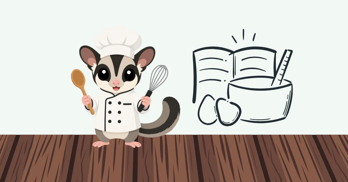 An illustrated sugar glider dressed as a chef holding a spoon and whisk beside a recipe book, mixing bowl, and eggs